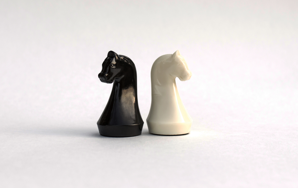 チェスの白と黒の馬が正反対の方向を向いている画像