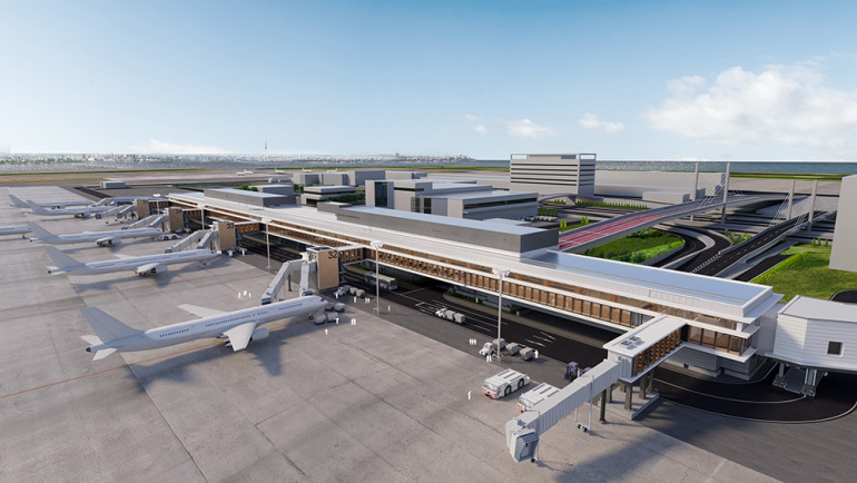羽田空港に木造と鉄骨のハイブリッド構造を採用した第1ターミナル北側サテライト施設が2026年夏にオープン