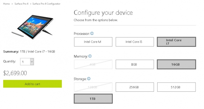 米Microsoft StoreのSurface Pro 4販売ページより引用