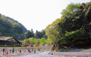 キャンプ場のすぐそばを流れる清流で水遊びができる