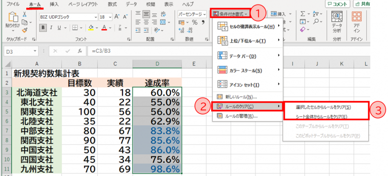 選択したセルからルールをクリア