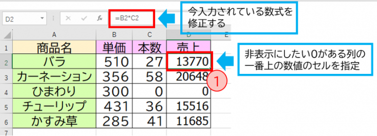 0がある列の一番上の数値のセルを選択