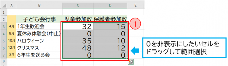 ドラッグして範囲選択する