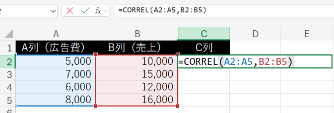 C2セルに =CORREL(A2:A5, B2:B5) と入力する