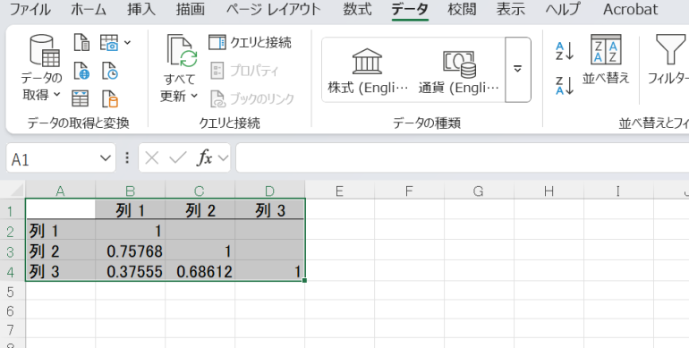 「出力先」を指定し、「OK」を押すと相関行列が作成される。