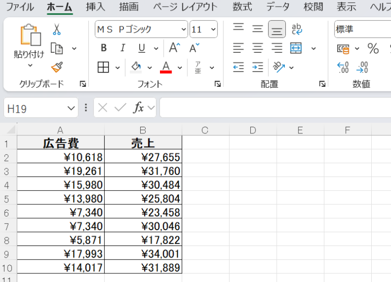 相関を求めたいデータをエクセルに入力する（例：売上と広告費）