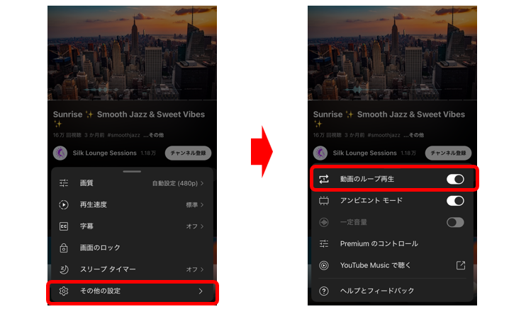 「その他の設定」⇒「動画のループ再生」をオンにする