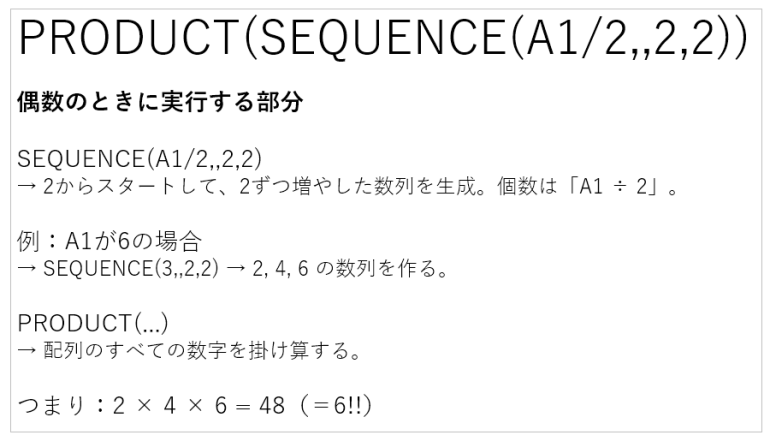 =IF(MOD(A1,2)=0,PRODUCT(SEQUENCE(A1/2,,2,2)),PRODUCT(SEQUENCE((A1+1)/2,,1,2)))の解説３
