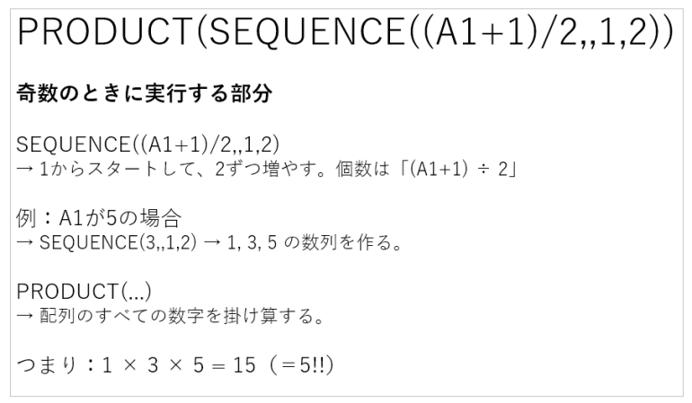 =IF(MOD(A1,2)=0,PRODUCT(SEQUENCE(A1/2,,2,2)),PRODUCT(SEQUENCE((A1+1)/2,,1,2)))の解説４