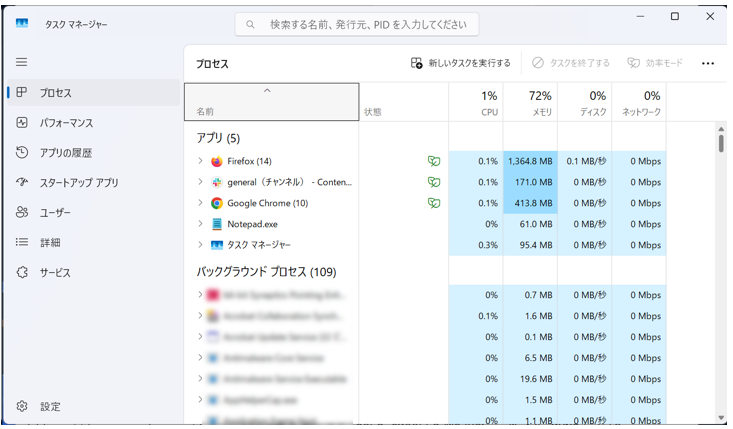 Windows標準機能の「タスクマネージャー」