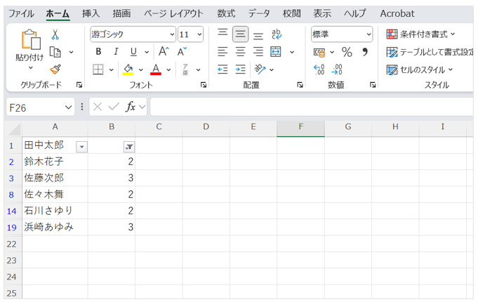 フィルター機能を使って、COUNTIFの結果が2以上のものだけを絞り込んで表示する。