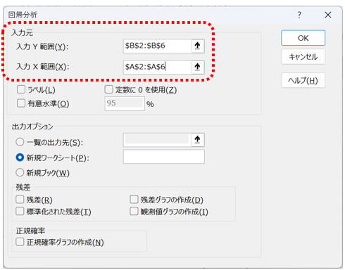 「Y入力範囲」に目的変数である売上、「X入力範囲」に説明変数である気温とする