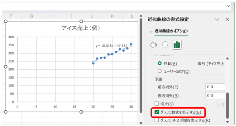 「線形近似」と「グラフに数式を表示する」にチェックを入れる