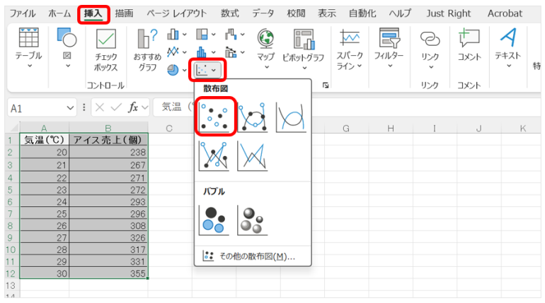 Excelの挿入タブから「散布図」を選び、グラフを作成する