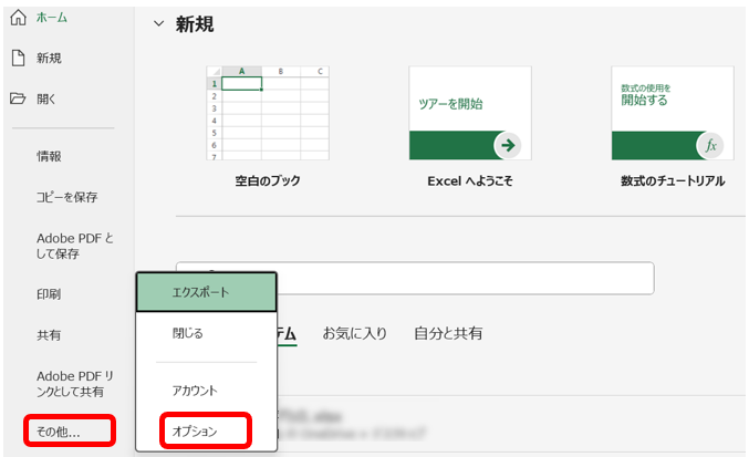 「ファイル」→「その他」→「オプション」を選択