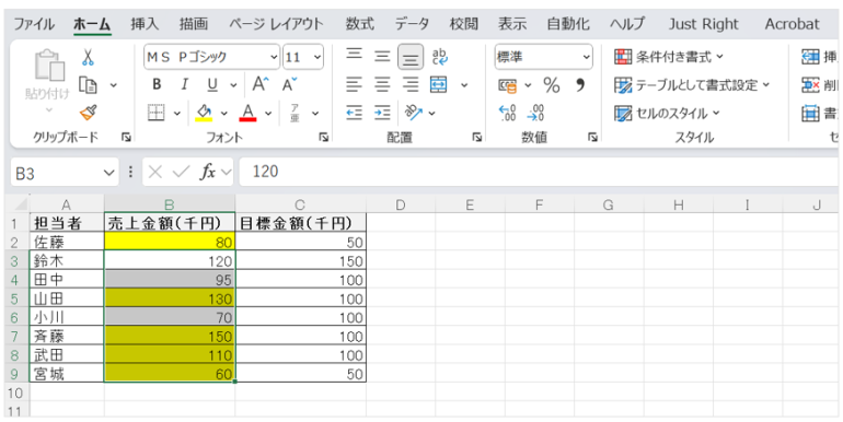 書式を適用するセルや範囲をクリックあるいはドラッグする