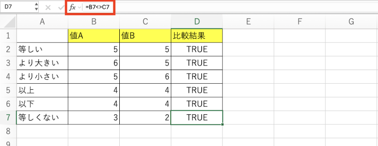 等しくないの比較結果