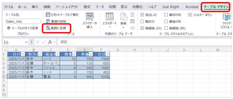テーブル内をクリックし、「テーブル デザイン」タブを選択。「範囲に変換」をクリックすると、テーブルの機能が解除され、普通のセル範囲に戻る。