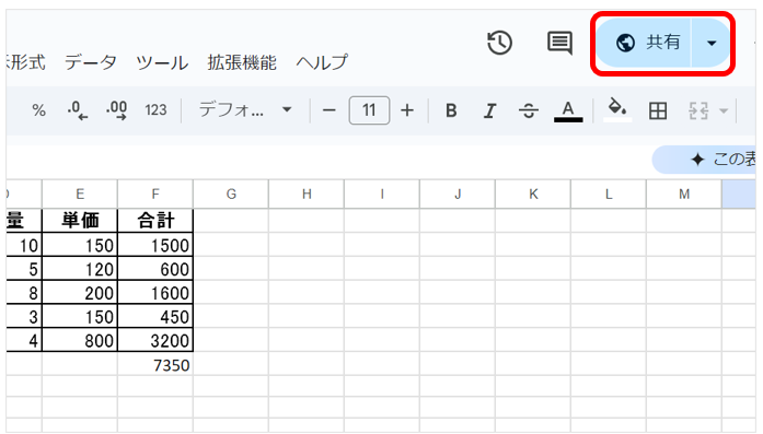 右上にある「共有」ボタンをクリックすると、指定したユーザーとファイルを共有できる。