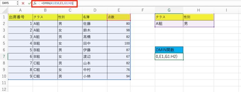DMIN関数を入力