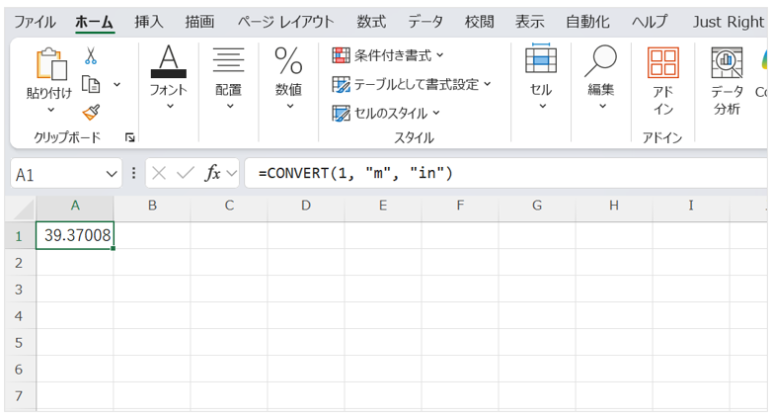 メートルからインチ：=CONVERT(1, "m", "in") → １メートルをインチに変換すると39.37008インチとなるエクセル画面。
