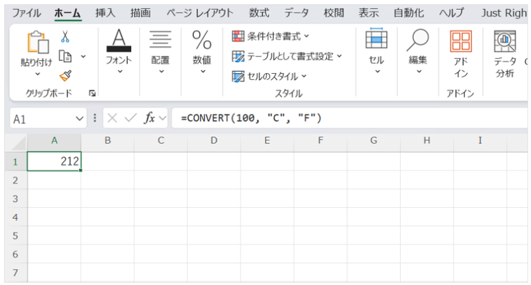 摂氏から華氏：=CONVERT(100, "C", "F") → 摂氏100度を華氏に変換すると212度となるエクセル画面。
