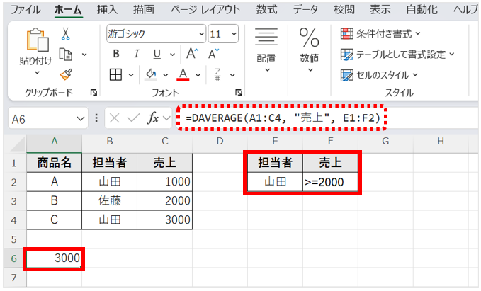 担当者が山田で売上が2000以上の平均を出す場合