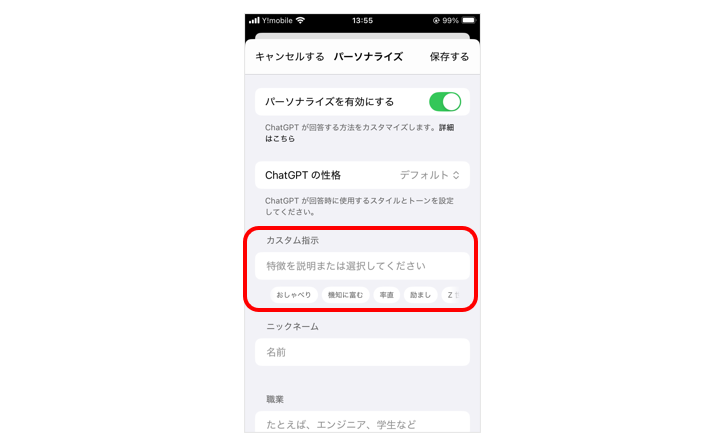 カスタム指示の設定画面