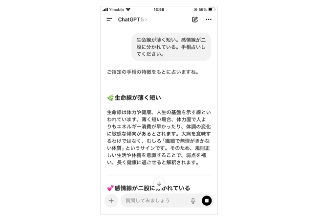 AIが一般的な手相知識を用いて説明する。