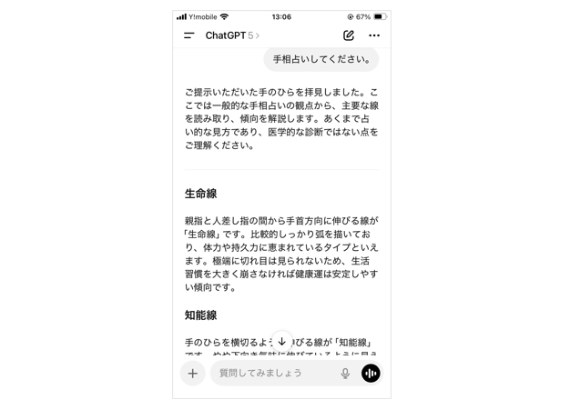 AIが線を解析し、生命線や感情線の意味を返す