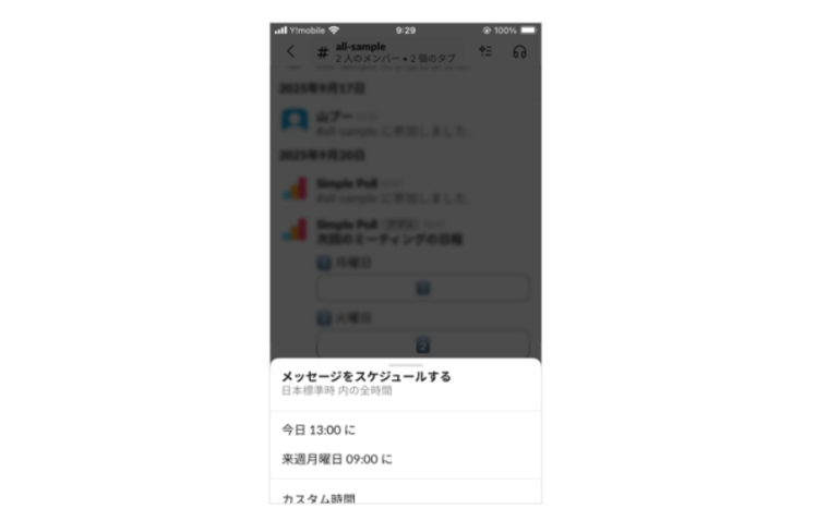スケジュール送信オプションが表示された画面