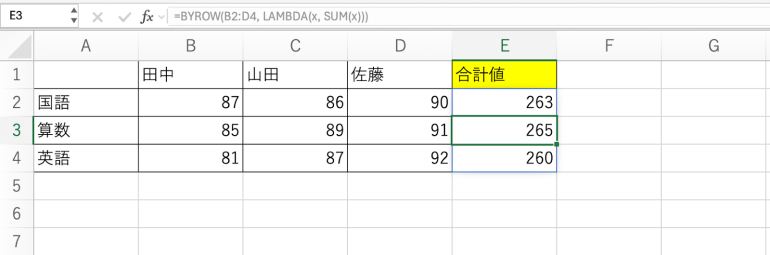 合計値を求めた結果