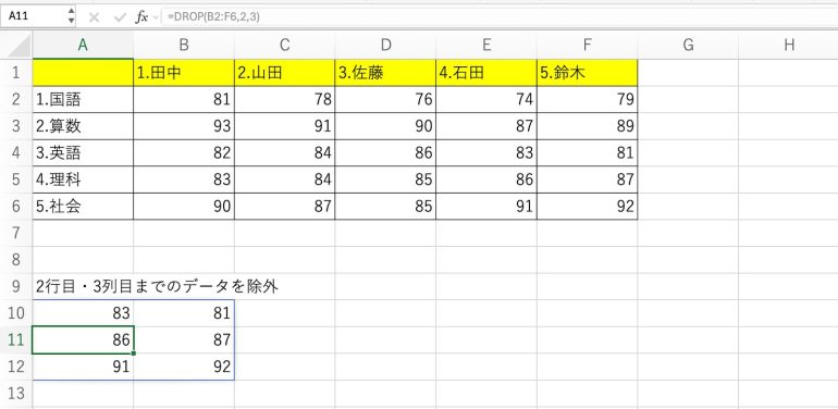 2行、3列まで除外した結果