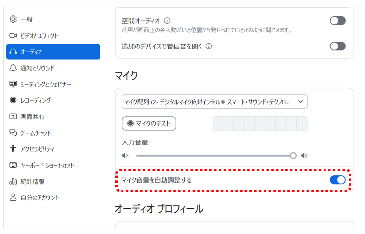「マイクの音量を自動調整」を有効化する画面