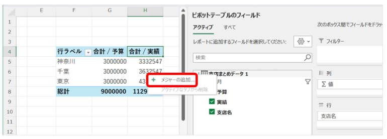パワーピボットのフィールド名を右クリックし、「メジャーの追加」を選択する画面