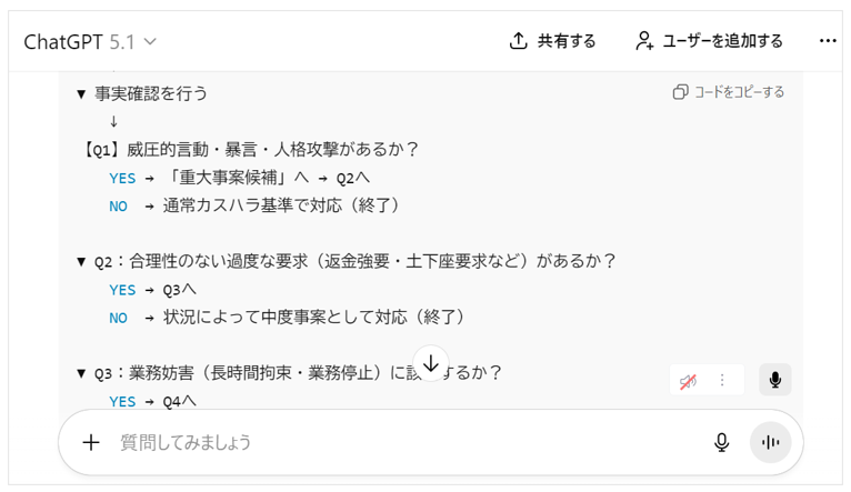 重大事案対応へのフロー作成のプロンプトでAI出力した画面