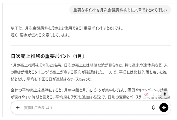 「重要なポイントを月次会議資料向けに文章でまとめてほしい」と伝えた場合の回答画面