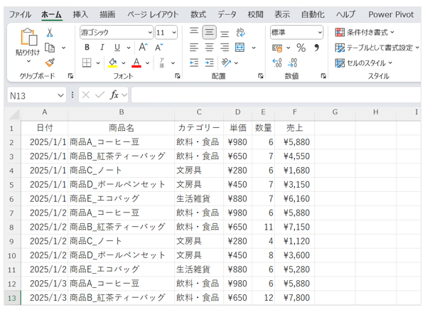 1か月の日毎・商品ごとの売上表の画面