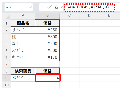 MATCH関数「=MATCH（A9,A":A6,0)
」で商品名の行の位置を調べる画面
