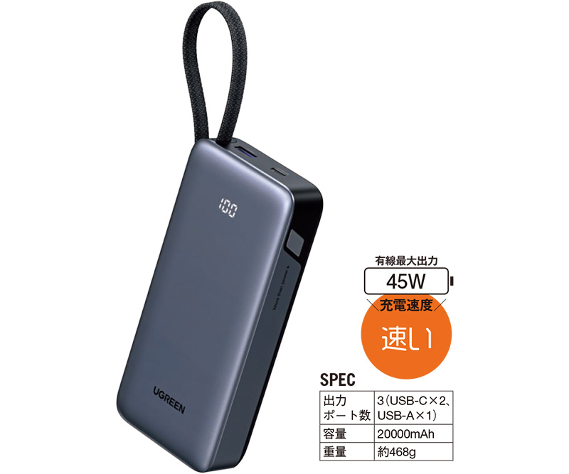 UGREEN『UGREEN 45W 20000mAh ケーブル内蔵モバイルバッテリー』