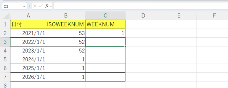WEEKNUM関数の結果