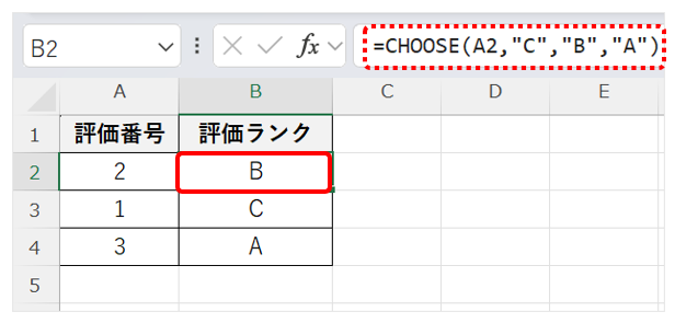 B2セルに「=CHOOSE(A2,"C","B","A")」と入力してA2セルに番号「2」を入力し、B2セルの表示がBになった画面