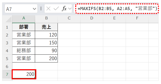 MAXIFS関数を用いて、部署別売上表から「営業部」の最大売上を求める画面