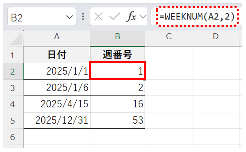 WEEKNUM関数を用いて日付から週番号を出した画面